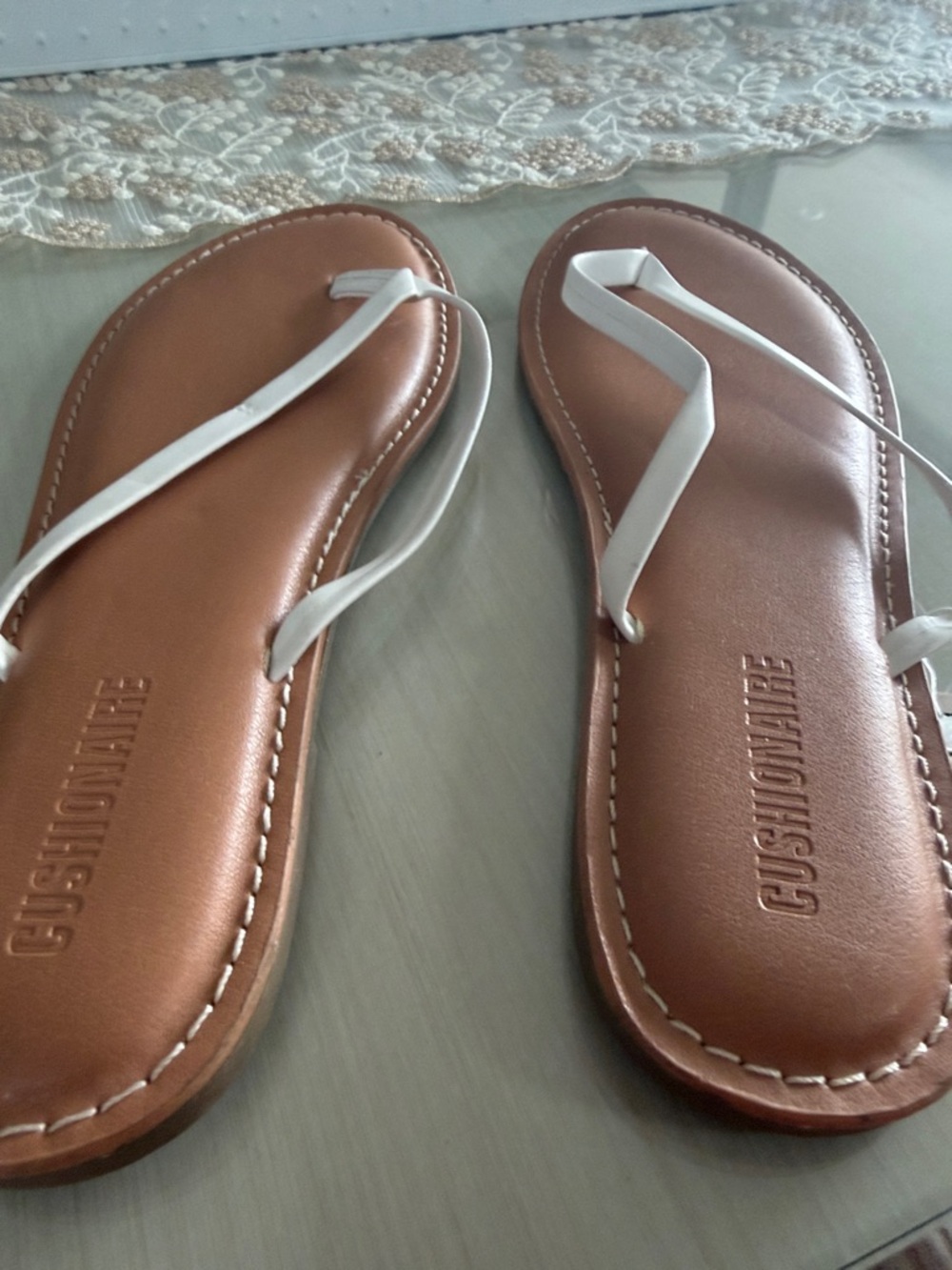 Cushionaire Women's Brown Footbed Sandals with White Straps